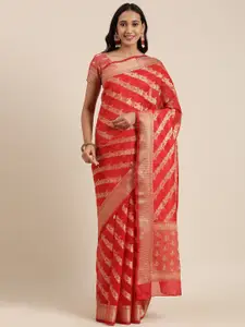 Geroo Jaipur Red & Gold-Toned Striped Zari Silk Cotton Kota Saree