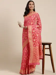 Geroo Jaipur Pink & Golden Ethnic Motifs Zari Silk Cotton Kota Saree