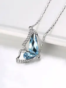 Yellow Chimes Yellow Chimes Silver-Toned Blue Stone-Studded Butterfly Pendant With Chain