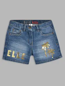 ELLE Girls Blue Printed Washed Regular-Fit Pure Cotton Denim Shorts