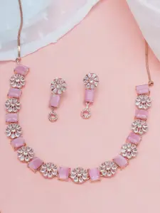 KARATCART Pink Rose Gold-Plated American Diamond Studded Necklace Jewellery Set