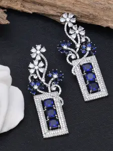 KARATCART Blue & Silver-Toned Floral American Diamond Studded Drop Earrings