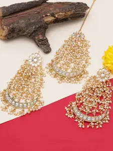 Karatcart Gold Plated Kundan and Pearl Studded Earrings and Maangtikka Set