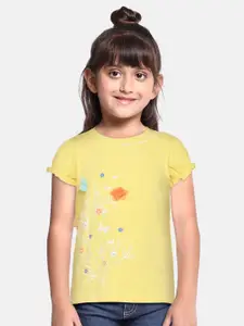H By Hamleys Girls Yellow & Orange Floral Print Applique Pure Cotton Top