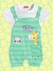 Fisher Price X Moms Love Infant Girls Green & White Striped Applique Cotton Dungarees Top