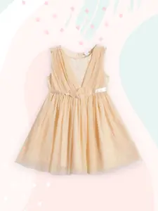 H By Hamleys Girls Peach-Coloured Solid Floral Applique Net A-Line Dress