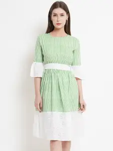 Purple State Green & White Striped Schiffli Pure Cotton Dress