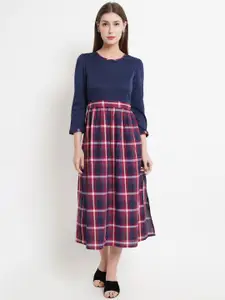 Purple State Navy Blue & Red Checked Cotton A-Line Midi Dress