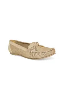 DESIGN CREW Women Gold-Toned Textured Loafers