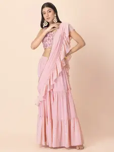 INDYA Women Pink Solid Tiered Skirt With Attached Ruffled Dupatta