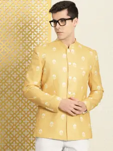 House of Pataudi Men Yellow & White Printed Bandhgala Jashn Blazer