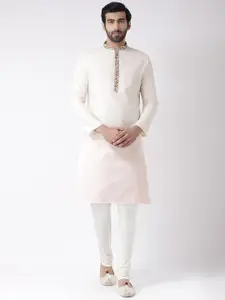 KISAH Men Off White Self Design Layered Kurta with Churidar