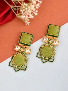 Silvermerc Designs Gold Plated & Green Kundan Studded Contemporary Drop Earrings