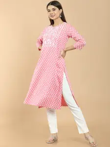 Soch Women Pink & White Embroidered Rayon Kurta