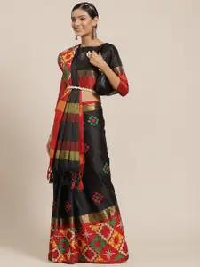 Mitera Women Black & Maroon Embellished Kutchi Embroidery Silk Cotton Saree
