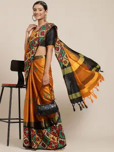 Mitera Women Mustard Yelloe & Black Embellished Kutchi Embroidery Silk Cotton Saree