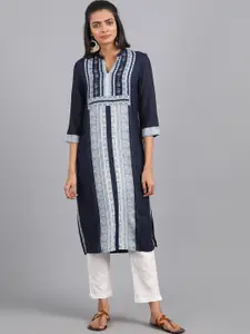 W Women Blue Geometric Printed Thread Work Rayon Kurta