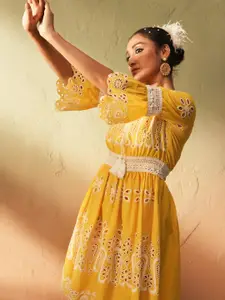 Ishin Women Floral Schiffli Pure Cotton A-Line Dress