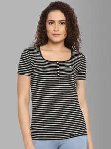 Feather Soft Elite Women Black & White Striped Monochrome Slim Fit T-shirt