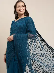 VAIRAGEE Blue Ethnic Motifs Embroidered Net Saree