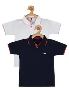 earth conscious Boys White & Navy Blue Set of 2 Solid Polo Collar Cotton T-shirt