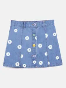 Noh.Voh - SASSAFRAS Kids Noh.Voh - SASSAFRAS Girls Blue & White Floral Printed Pure Cotton Denim Mini Skirt
