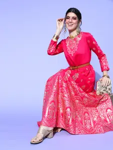 Indo Era Pink & Golden Ethnic Motifs Print Maxi Dress