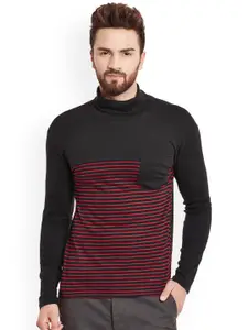 Hypernation Men Black & Red Striped Slim Fit T-shirt