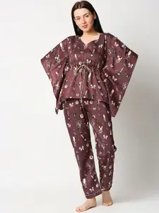 Pyjama Party Women Brown & Pink Printed Pure Cotton Kaftan Night suit