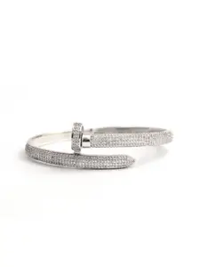 HIFLYER JEWELS Women Silver-Toned Sterling Silver Cubic Zirconia Rhodium-Plated Cuff Bracelet