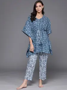 Libas Women Blue & White Floral Motifs Printed Cotton Night Suit