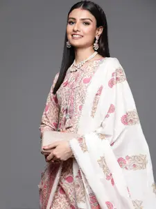 Libas Women Pink & Green Floral Printed Cotton Straight Kurta with Skirt & With Dupatta