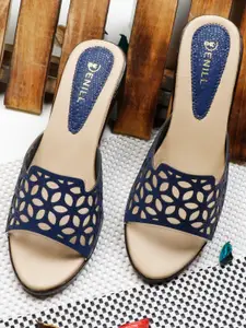 Denill Blue Textured Block Heel Sandals with Laser Cuts