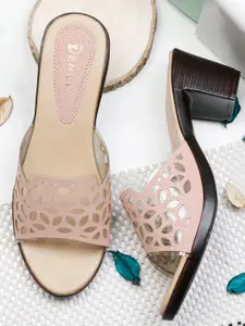 Denill Women Peach-Coloured Printed Block Sandals with Laser cuts