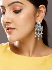 Rubans Silver-Toned Oxidised Geometric Drop Earrings