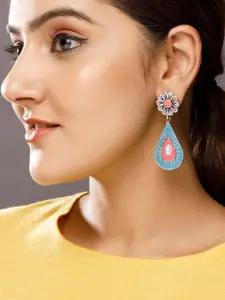 Rubans Women Silver-Toned & Blue Floral Drop Earrings