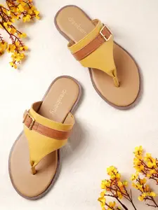 DressBerry Women Mustard Yellow & Tan Brown Striped T-Strap Flats with Buckles