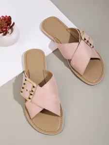 Mast & Harbour Women Pink Solid Open Toe Flats with Buckle Detail