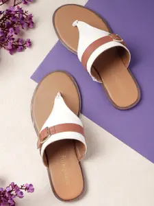 DressBerry Women White & Tan Brown Striped T-Strap Flats with Buckles
