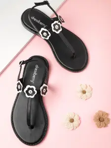 DressBerry Women Black & White Floral Applique T-Strap Flats
