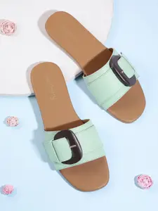 DressBerry Women Mint Green Solid Open Toe Flats with Buckles