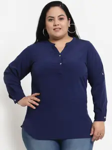 plusS Blue Mandarin Collar Roll-Up Sleeves Shirt Style Plus Size Top