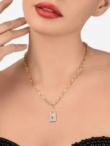 AMI Gold-Toned & Gold-Plated Diamonds Embellished Lock Pendant With Linked Chain