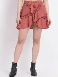 La Zoire Women Pink Frill Wrap Mini Skirt