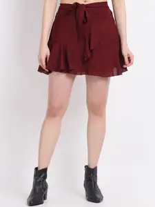 La Zoire Women Maroon Solid Ruffled Tie-Up Mini Skirts