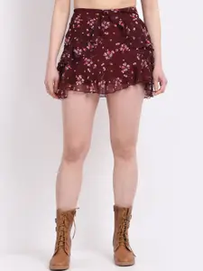 La Zoire Women Maroon Floral Printed Mini Skirts