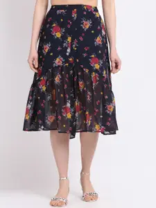 La Zoire Women Navy Blue & Red Floral Printed Tiered Skirt
