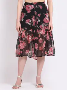 La Zoire Women Black Floral Printed Midi Skirts