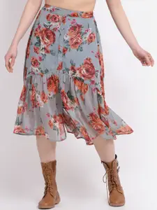 La Zoire Women Grey Floral Printed Midi Flared Skirt