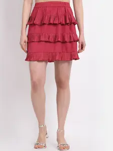 La Zoire Maroon Solid Pleated Panel Tiered Mini Skirt